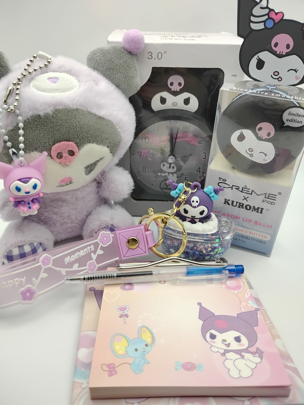 Kuromi Clock With Matching Plush Doll, Keychain, Macroon Lip Balm, & Notepad ±(<